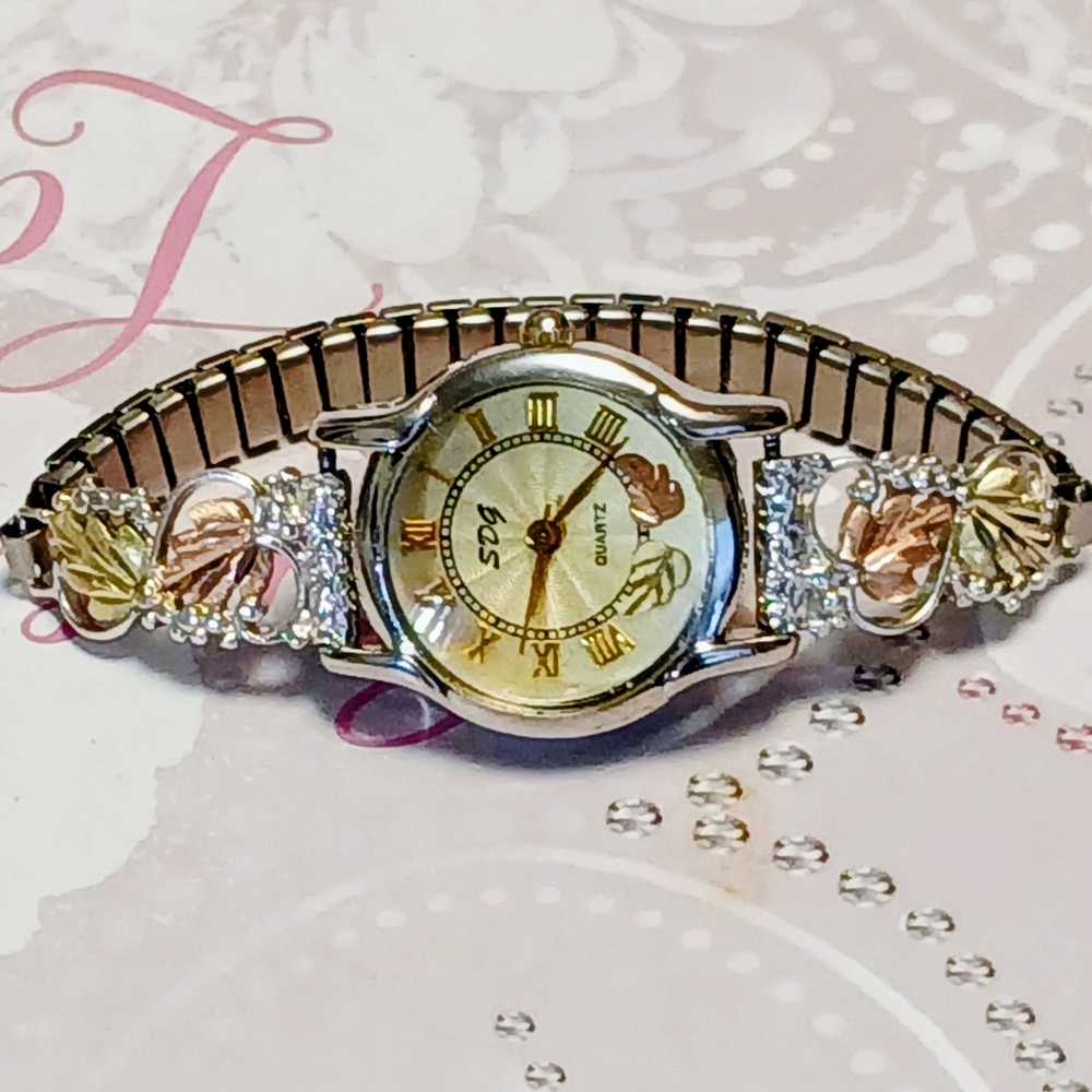 SDG Black Hills Gold Leaves Watch-Solid Silver Tips Large Gold Leaves+Expansion - Picture 5 of 6